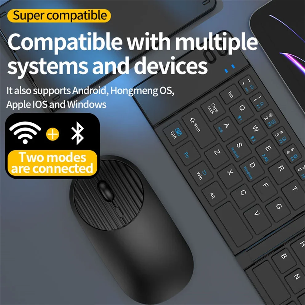 JOMAA Mini Portable BT Wireless Foldable Keyboard Rechargeable Keyboard BT +2.4G Wireless Mouse for Windows IOS PC