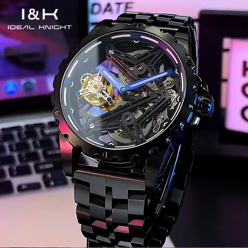 IDEAL KNIGHT Top Brand Men Watches Fine Steel Sapphire Mirror Original Automatic Mechanical Wristwatch Tourbillon Ruby Movement