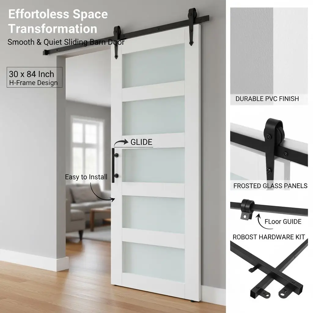 

Sliding Barn Door Slab 30 x 84 Inch For Living Room Kitchen Study Room High-Strength MDF Panel Glass Barn Door Hardware Kit P