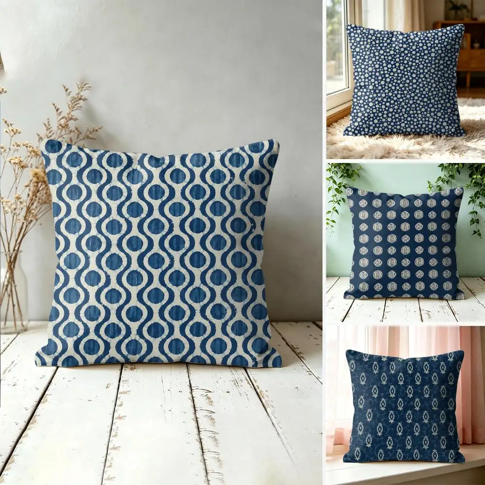 Indigo Dabu Style Simplicity Cushion Cover Square Decorative Throw Pillow 40x40cm For Sofa Bedroom Living Room Home Decor