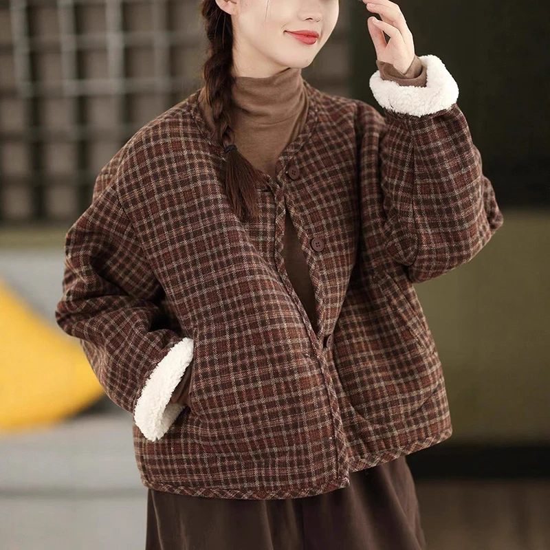 

Thick Warm Casual Parkas Women New Arrival 2025 Winter Vintage Style O-neck Plaid Pattern Loose Female Outerwear Coats T792