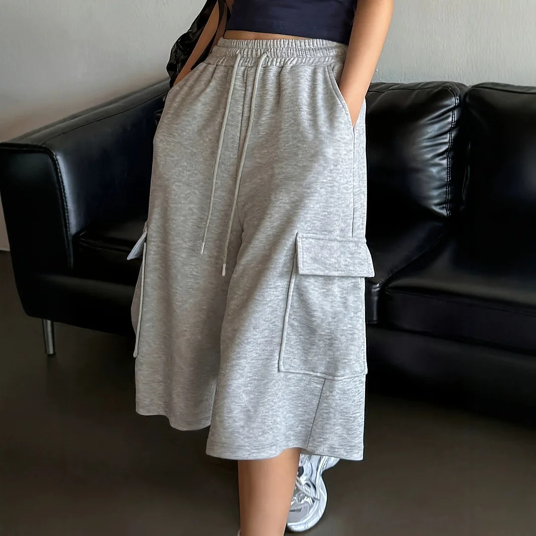 2026 Summer Unisex High Waist Wide Leg Straight Long Shorts Loose Mid Length Solid Gray Breathable Casual Daily Streetwear Botto