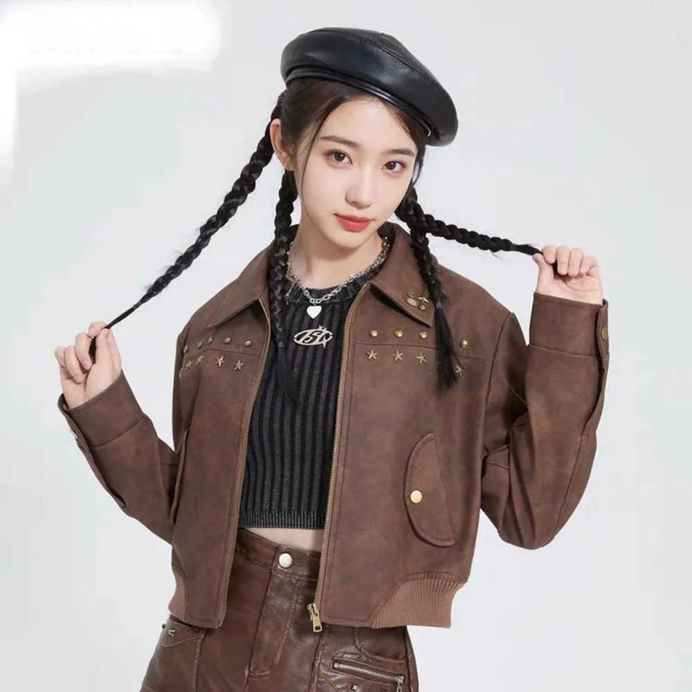 Faux Leather Jacket for Women American Retro Zipper Designed Spring Autumn Arrive Casual PU Leather Vintage Chic Coat Tops Mujer