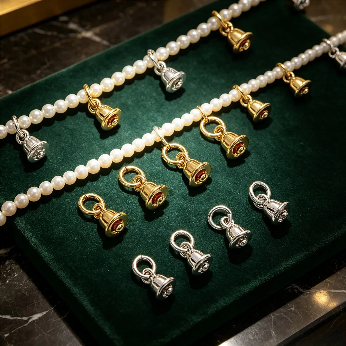 14K Gold & Silver Plated Bell Pendant, Crystal Pearl Bead DIY Bracelet Jewelry Making Findings