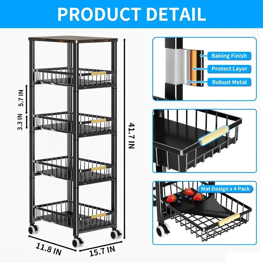 Fruit Vegetable Storage Basket for Kitchen 5 Tier Large Pull-Out Metal Wire Baskets with 4 Pack Mats Bottom Wood Top and Wheels