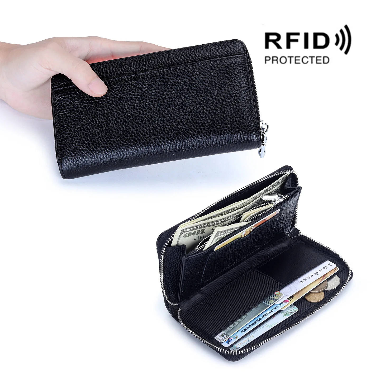 FID Blocking Genuine Leather Long Wallet with Front Pocket, Luxury Large Capacity Zipper Clutch Purse,Perfect Gift for Women Men