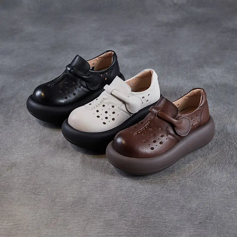 2025 Summer Hollowed Out Height Increasing Thick Soled Perforated Women's Shoes, Genuine Leather Women's Sandals