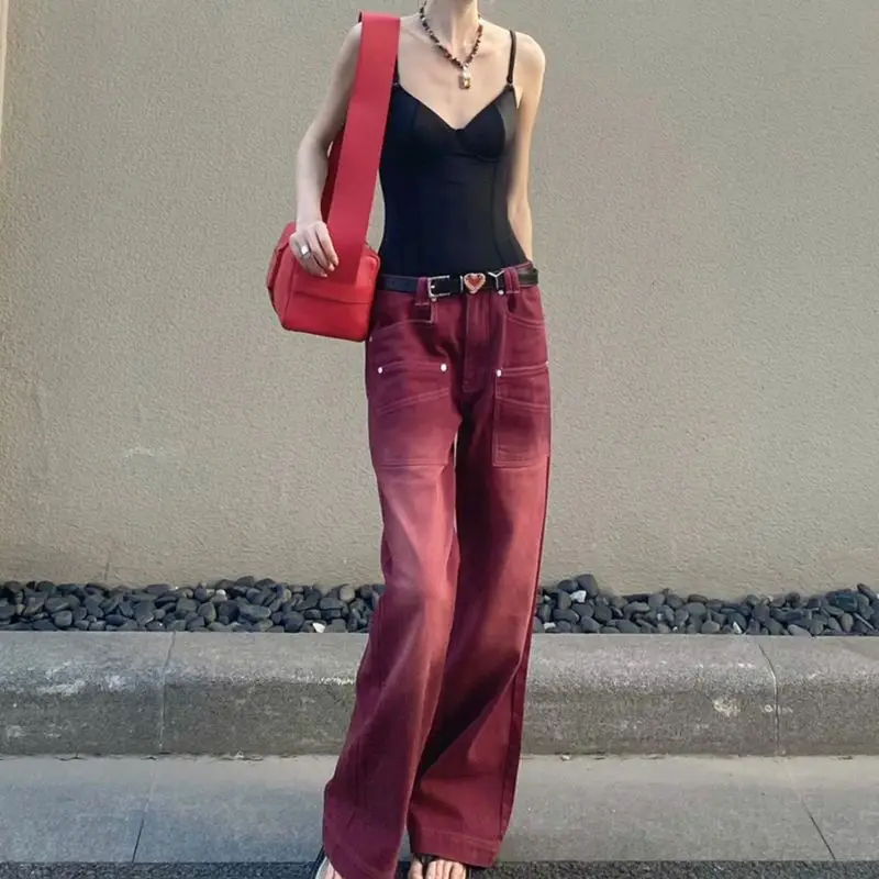 Jeans Wine Red High Waist Boyfriend Style Streetwear Baggy Women Y2k Vintage Washed Distressed Wide Leg Mopping Pants