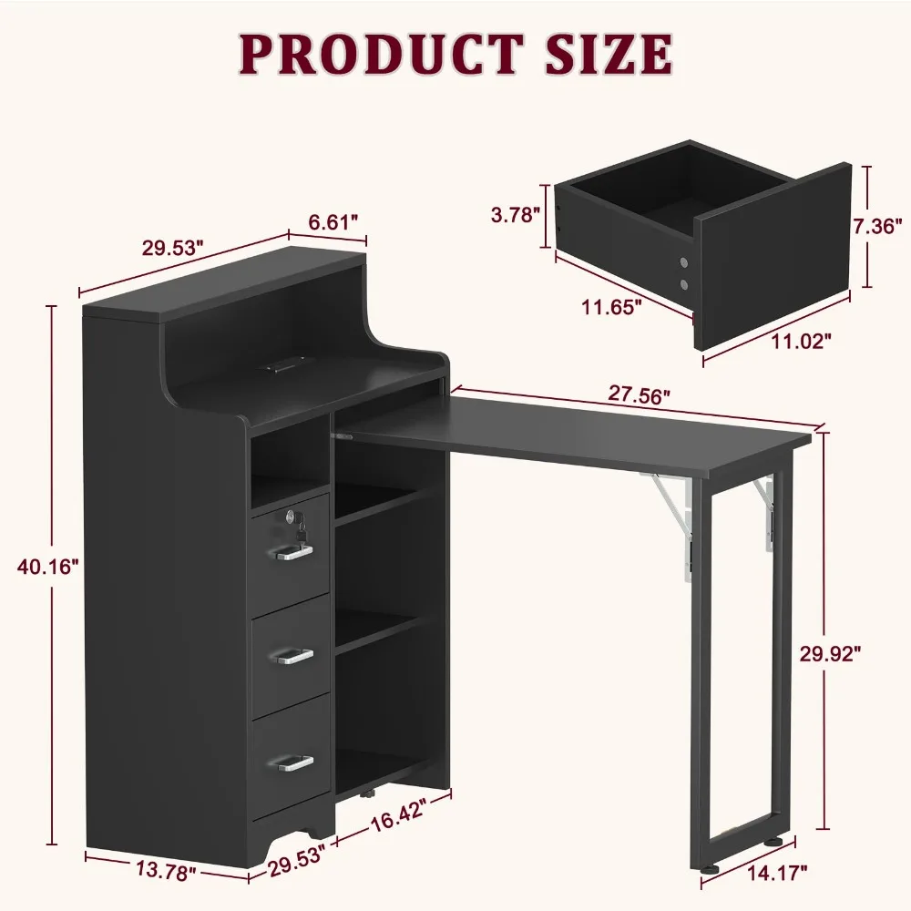 Foldable Nail Desk for Nail Tech, Portable Manicure Table, L Shape Nail Table with Power Outlets & Lockable Drawer &