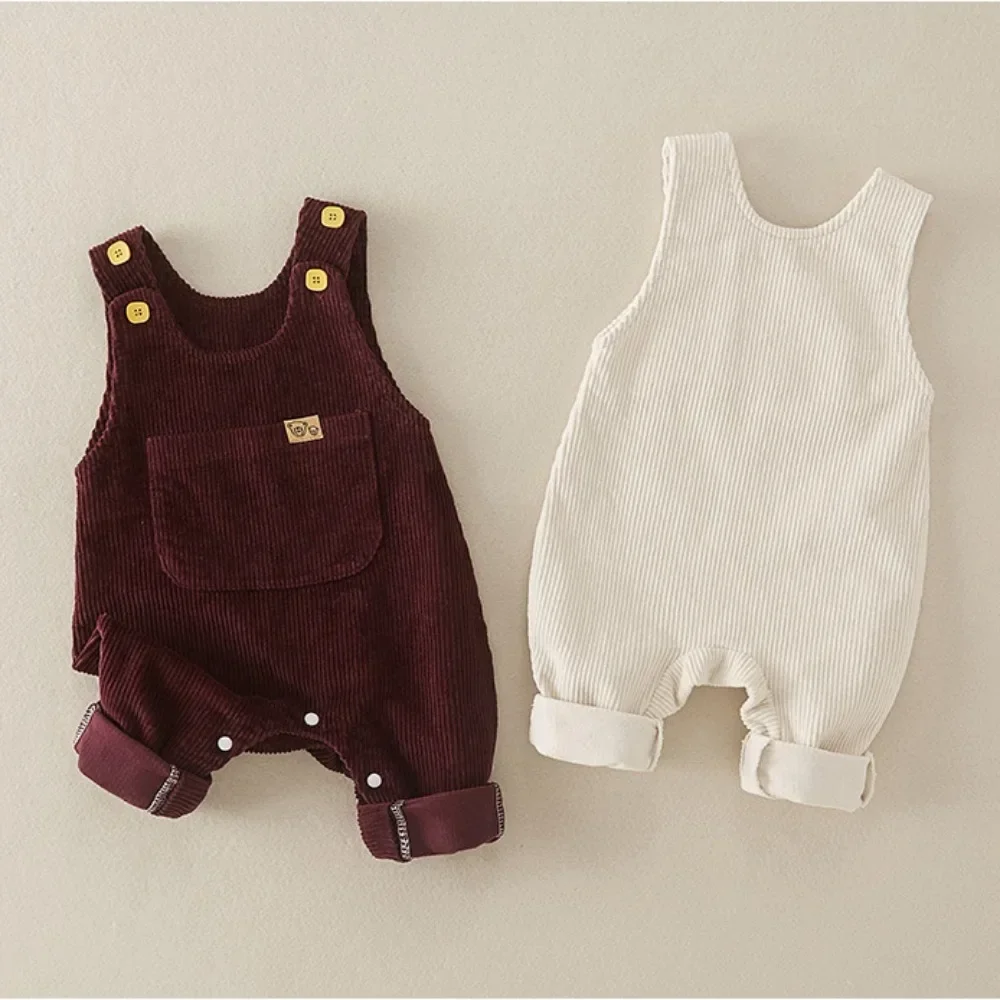 2023 Autumn Baby Clothes Newborn Cute Sleeveless Corduroy Overalls Soft Solid Cotton Button Romper Kids Casual Strap Bodysuit