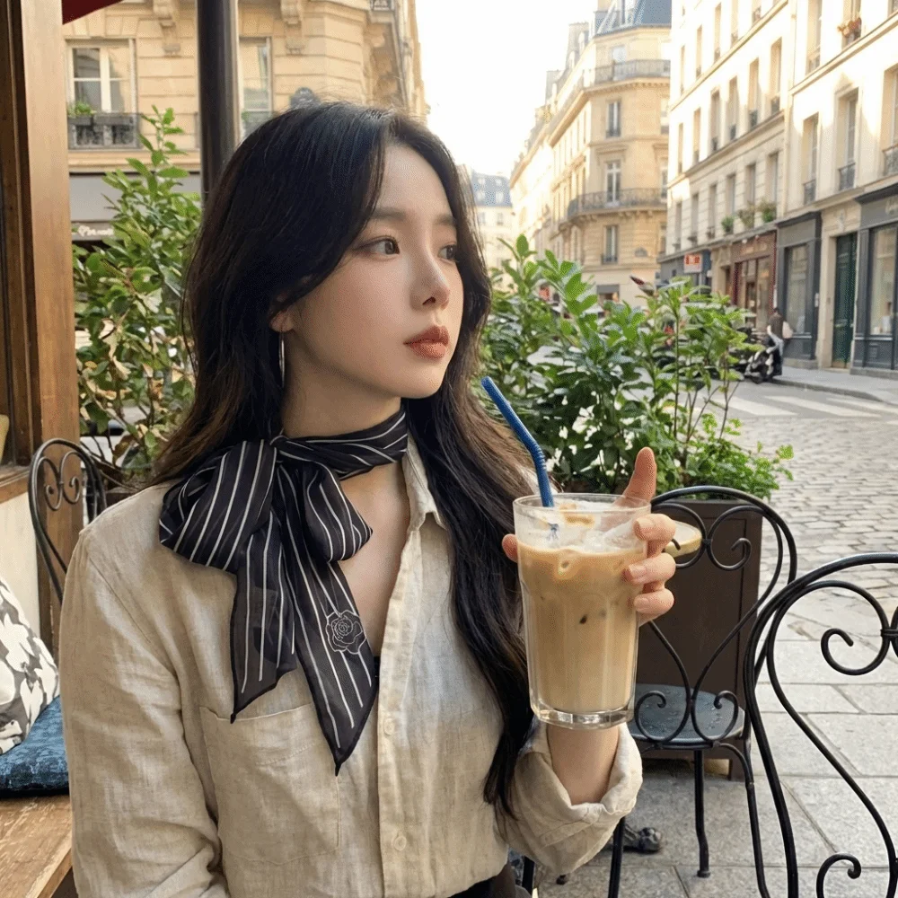 New Black White Striped French Style Scarf Ribbon Style Long Length Striped Scarf Elegant Neck Scarf Women Fashion