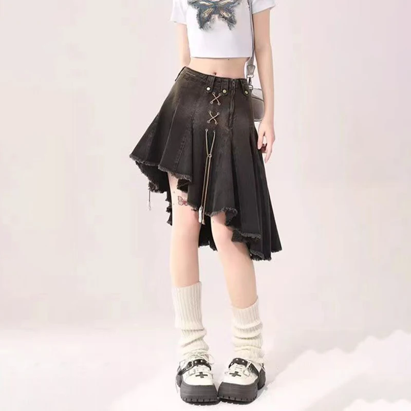 

Punk Style Black Irregular Denim Skirt For Women's Summer 2024 New Spicy Girl High Waisted Ruffled A-Line Short Skirt Trendy