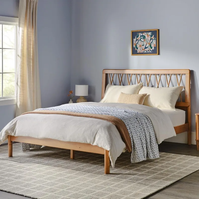 Queen Transitional Geometric X Pattern Headboard Solid Wood Bed, Queen Size, Caramel US(Origin)