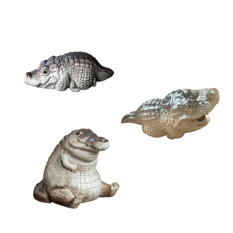 Figuras de cocodrilo, estatuilla de té de cocodrilo, adorno de animales regordetes de resina duradera para césped, escritorio o balcón