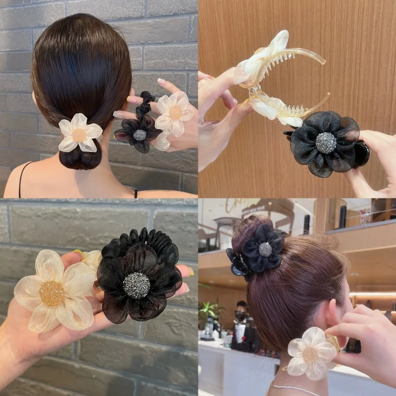 Fashion Flower Transparent Hair Claw Head Fixed Grip Clip Korean Sweet Horsetail Grip Clip Elegant Hair Accessorie for Women