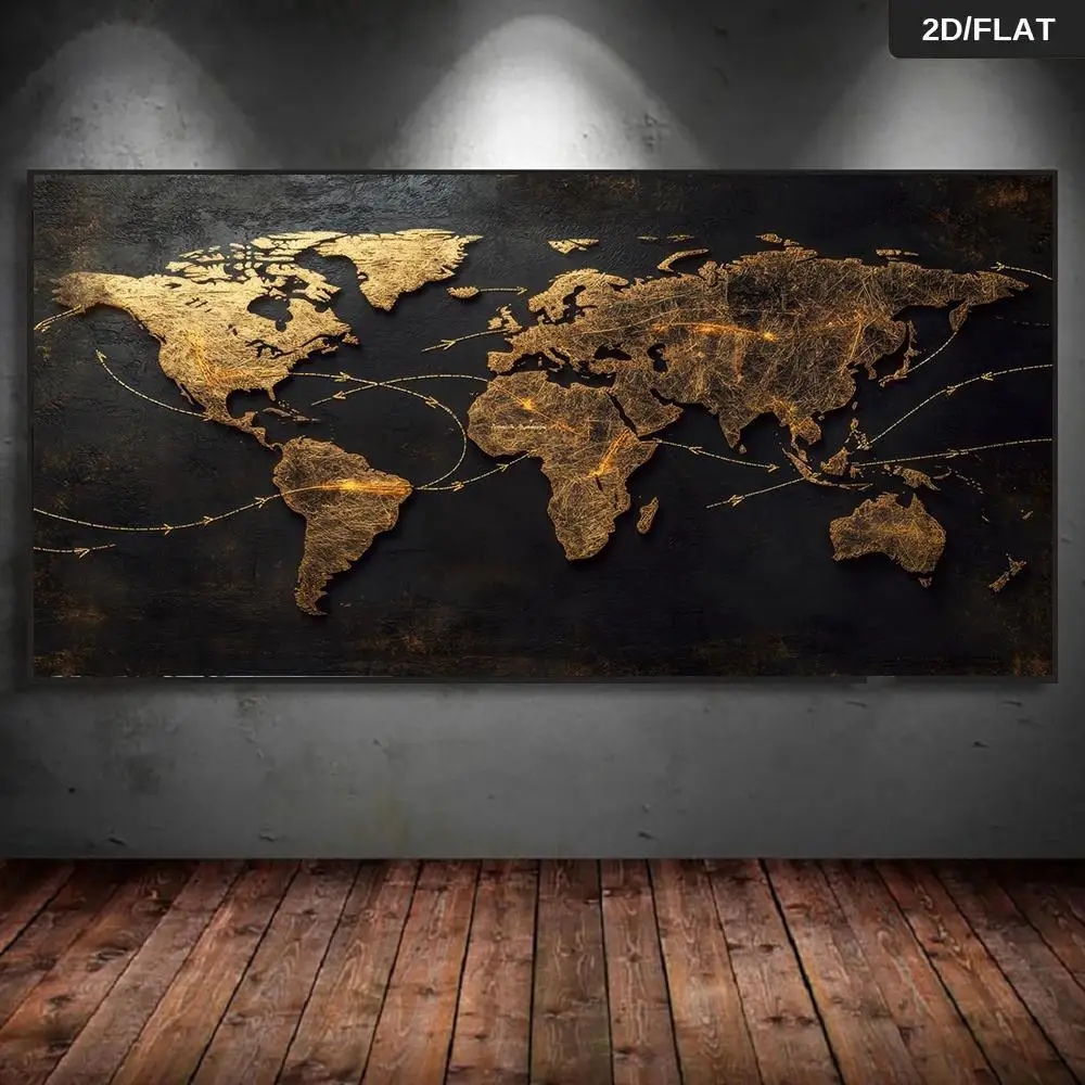 A modern abstract gold world map mural with connecting arrows, featuring a black and gold metallic finish, suitable for living r