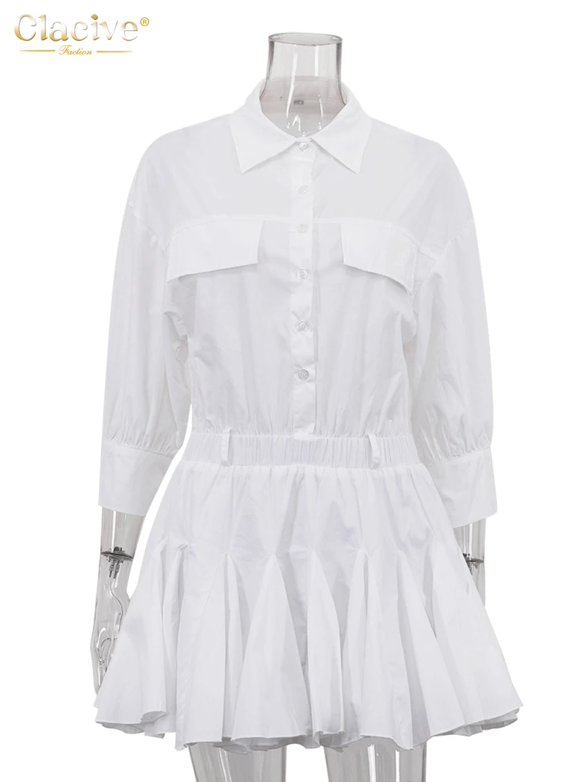 Clacive Fashion luźna biała bawełniana sukienka damska 2025 Casual Lapel z długim rękawem Mini sukienki elegancka klasyczna plisowana sukienka damska