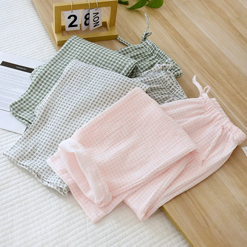 New Spring Summer Japanese Women\'s Pajamas 100%Cotton Crepe Small Plaid Loose Girls\' Pants Household Pants Thin Size Large pants