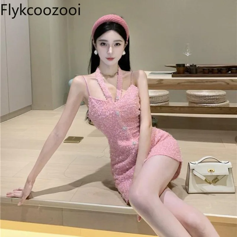 

Celebrity Luxury Rhinestone Button Hanging Neck Tweed Coarse Camis Dress Women Sheath Wrap Mini Dress Summer Slim Party Clothing