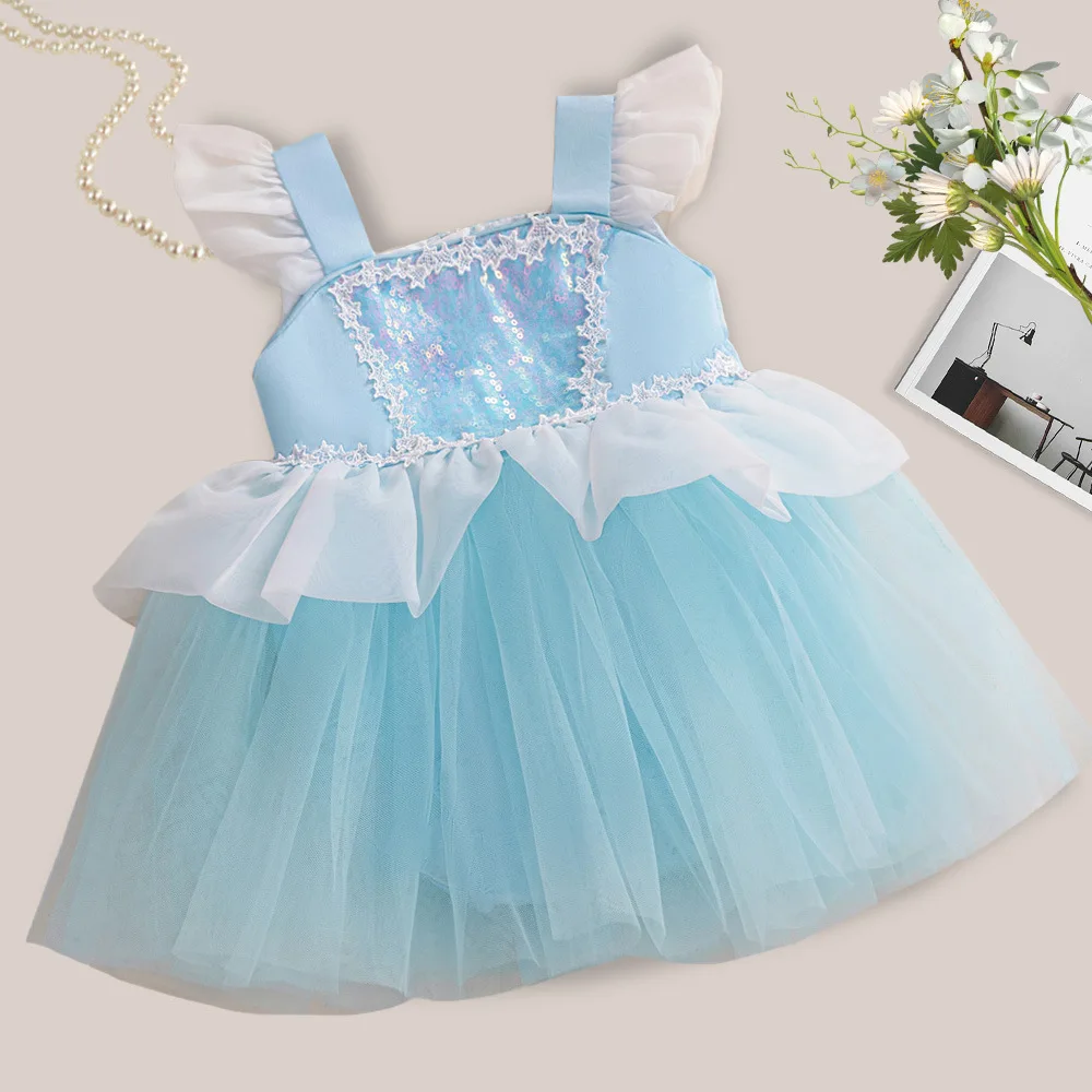 Baby Girls Sequins Blue  Dress Rainbow 1st Birthday Princess Party Wedding Kid Dress for Girl Baptism Bridemaid Evening Dresses