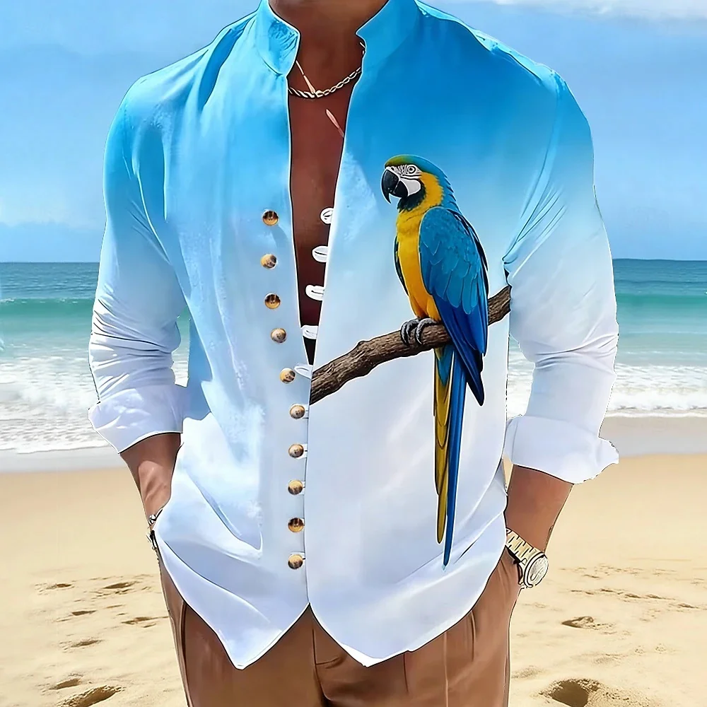 New Men's Parrot Print Pattern Long Sleeved Button Up Cardigan Shirt, Hawaii Beach Casual and Comfortable Men's Clothing