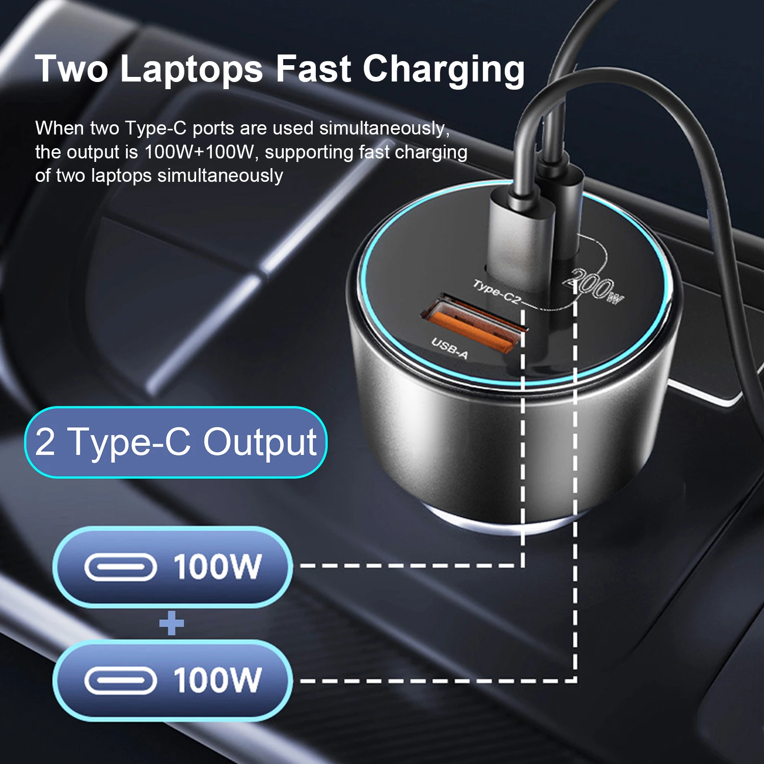 200W USB C Car Charger Adapter 3 Ports Type C Car Charger PD 100W +PD 100W Fast Charging for iPhone Galaxy iPad MacBook Laptops