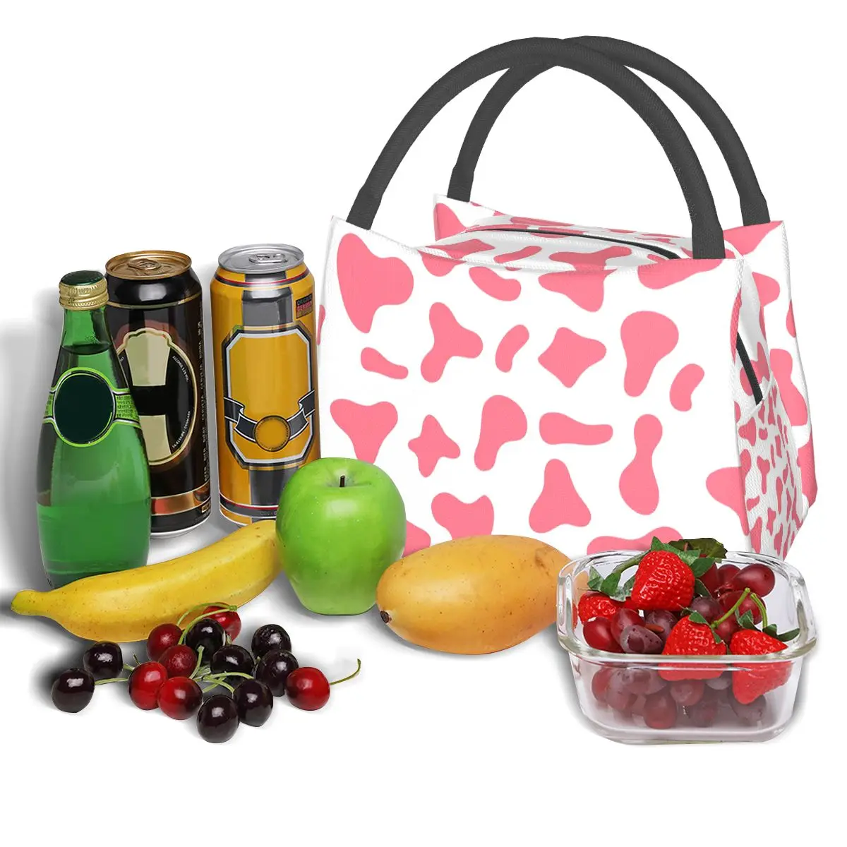 Borse per il pranzo modello rosa mucca fragola Bento Box isolato Borsa per il pranzo impermeabile Borse da picnic Borsa termica per donna Ragazza da viaggio