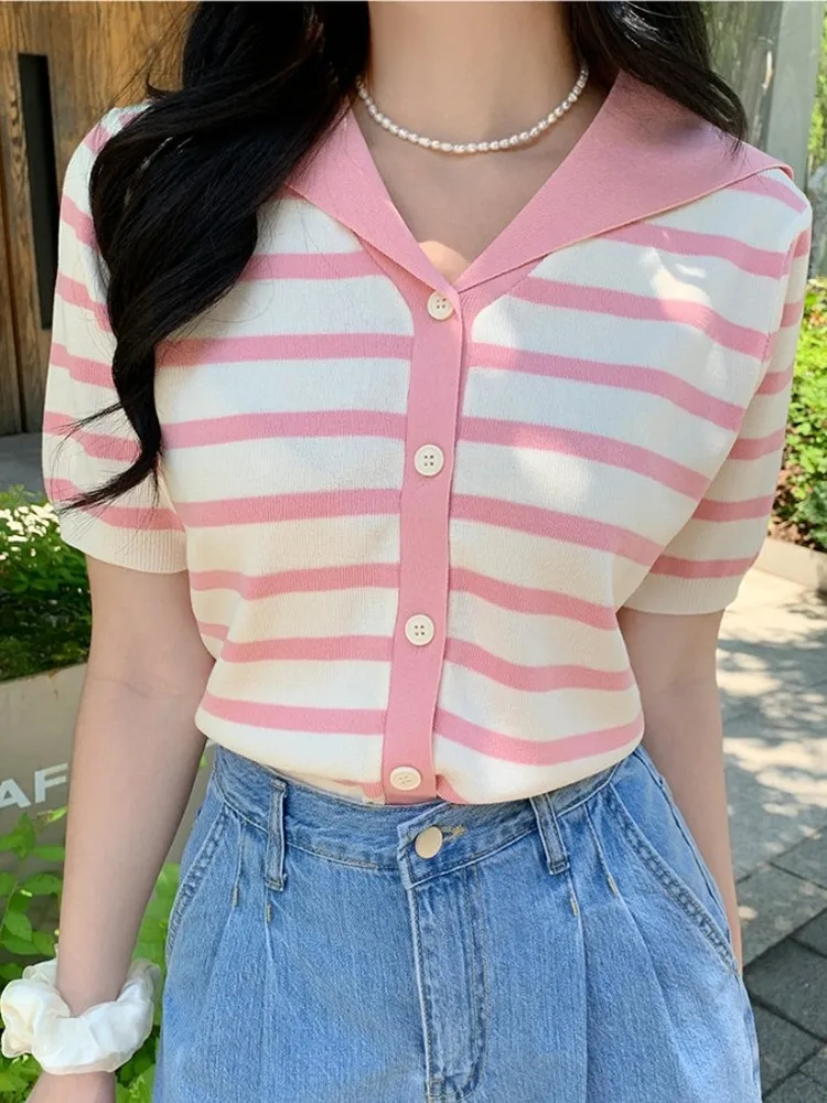 Women's Knitted Stripe Loose ort Sve Navy Collar Sweet Versatile Open Cardigan Top Color Blo Slimming Effectiven