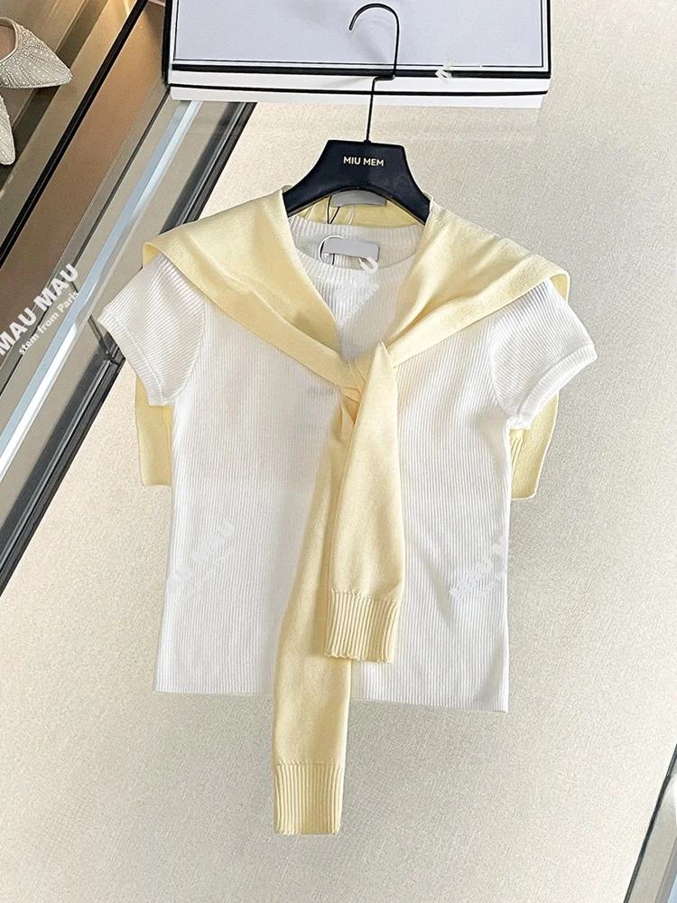 

Милая универсальная летняя трикотажная футболка с запахом на плечах, женская элитная модная повседневная круглая футболка Ne ort Sve