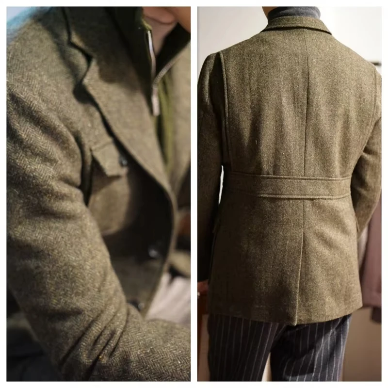 

Men's Classic Herringbone Tweed Hunting Blazer Wool Blend Sport Coat with Four Pockets 3 Buttons Jacket Tuxedos Autumn Winter