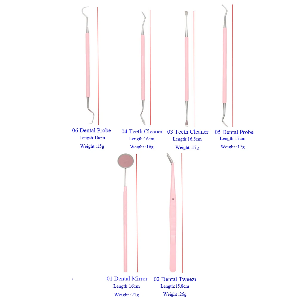 Herramienta de limpieza de dentistería para mujer, 6 unidades/caja, esterilizable, de acero inoxidable, sonda de espejo Dental, pinzas, eliminador