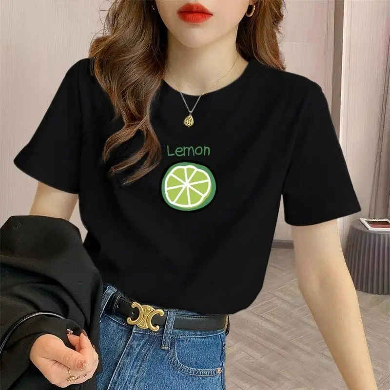 2024 New 100% Cotton Foreign Style T Shirt Top Ladies Fashion Trend Loose Street Wear Summer Half Sleeve Light Luxury T-Shirt