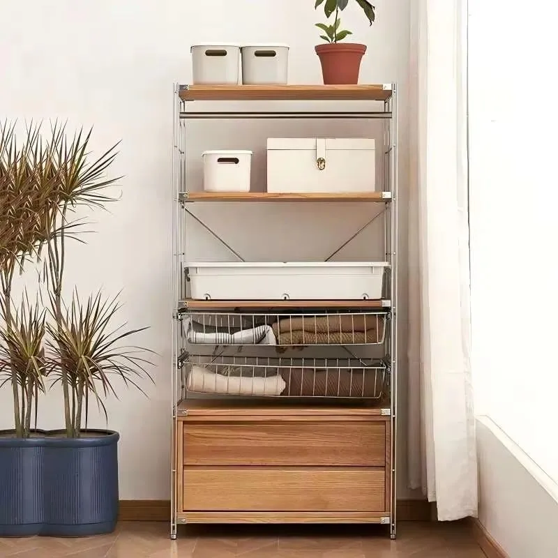 Simple Modular Wood and Stainless Steel Tableware Buffet Cabinet for Family Dining Room and Living Room Storage Furniture
