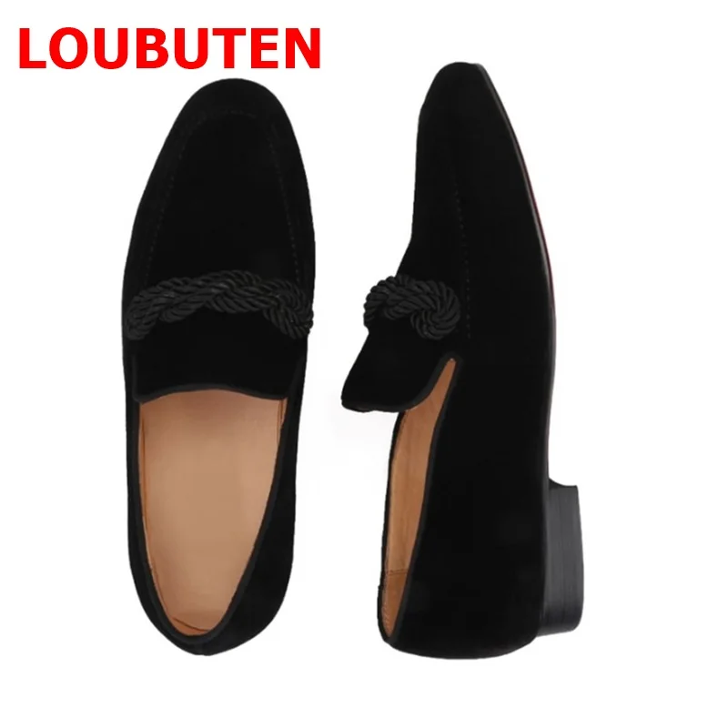 LOUBUTEN Italian Men Velvet Loafers Shoes With Ropes Handmade Dress Shoes Slip On Casual Men\'s Flats Party And Prom Shoes