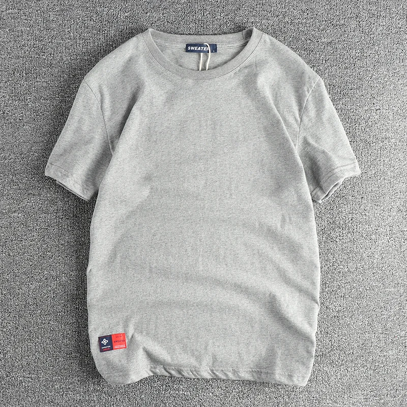 2025 Summer New American Retro Short Sleeve O-neck Solid Color T-shirt Men's Fashion 100% Cotton Washed Casual Terry Cloth Tops