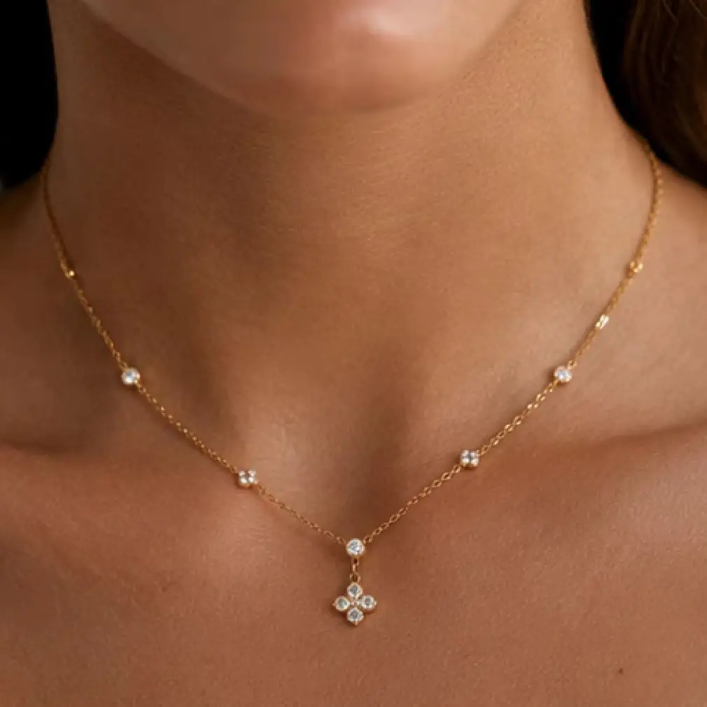 Ingemark Trendy 18K Gold Plating Stainless Steel Necklace Women Retro Inlay Zircon Four Leaf Flower Pendant Chain Jewelry Gifts