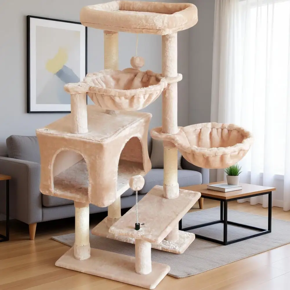 

Многоуровневый игровой комплекс для кошек с сизалевым стволом для когтетрещения, бежевый