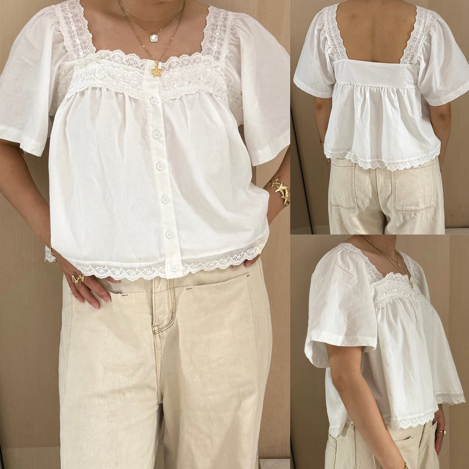Y2K Aesthetic Fairy Blouse Chic Women's Summer Lace Trim Tops Short Sleeve Square Neck Button Up Babydoll shirt Streetwear