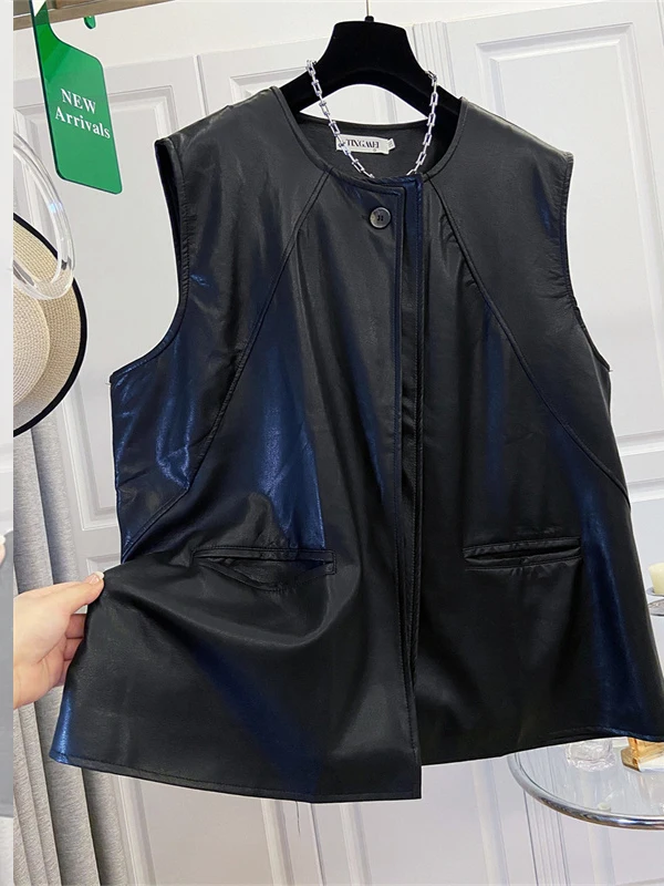 Authentic 2026 New Unique Design round Neck Sleeveless Leather Vest Jacket Women's Fashion Inner Wear Polyester Fiber Regular...