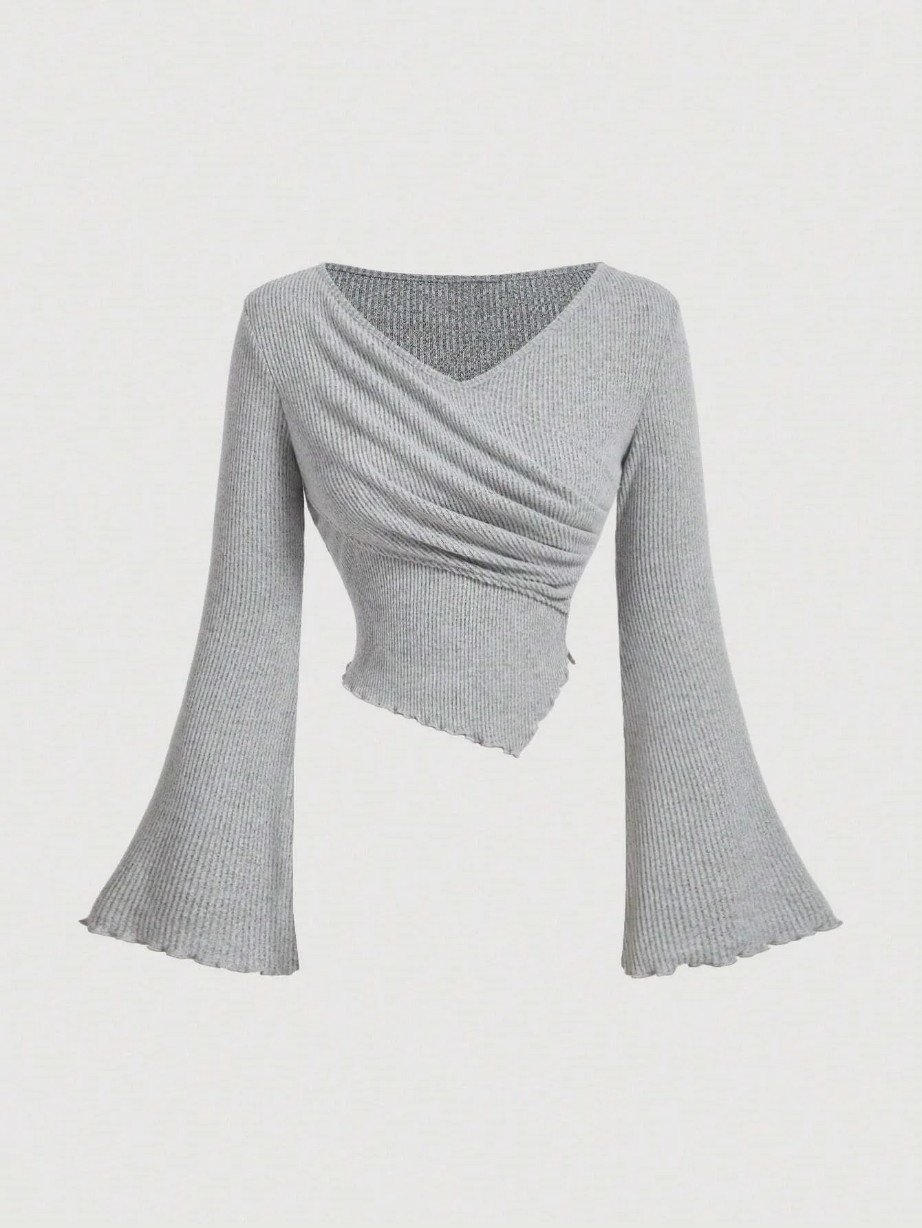 Top corto acanalado Y2K para mujer, manga larga por delante con mangas acampanadas, dobladillo asimétrico, Top de punto relajado Retro Chic