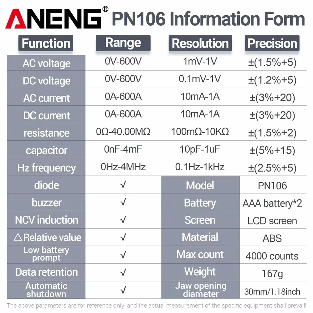 ANENG PN106 AC/DC Clamp Meter 600A Current Voltage High Precision 4000 Counts Digital Multimeter Tester Tool for Electrician