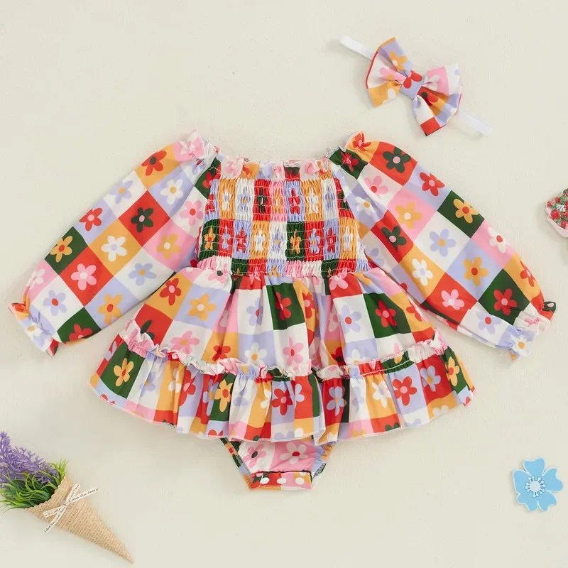 

Baby Girls Bodysuit Long Sleeve Flower Plaid Print Shirred Jumpsuit with Headband For Newborn Clothes 0 to 18 Months