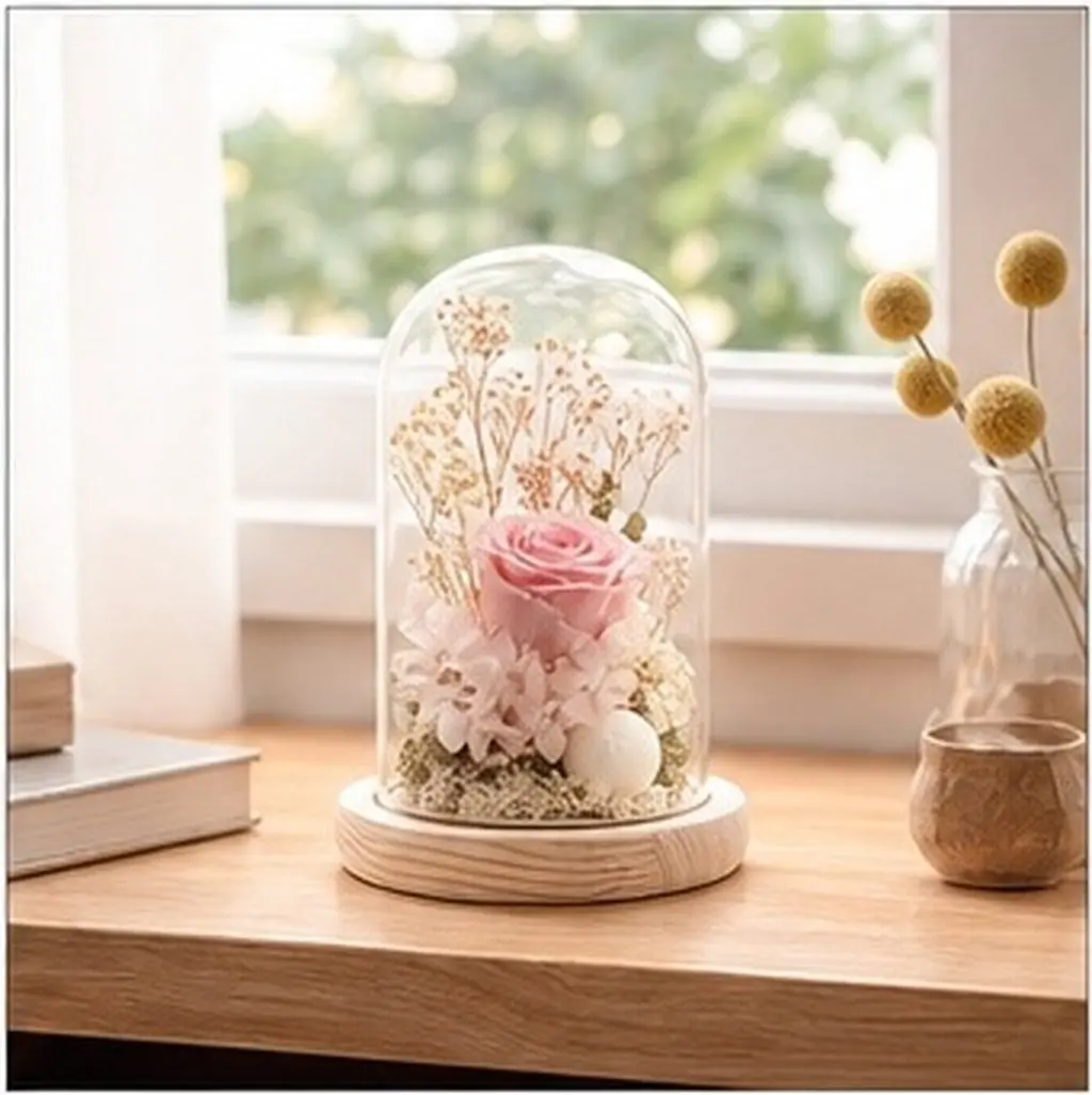 9x15cm Elegant Glass Dome for Preserved Flowers Solid Wood Base Clear View Display Case Portable Compact Storage for Craft