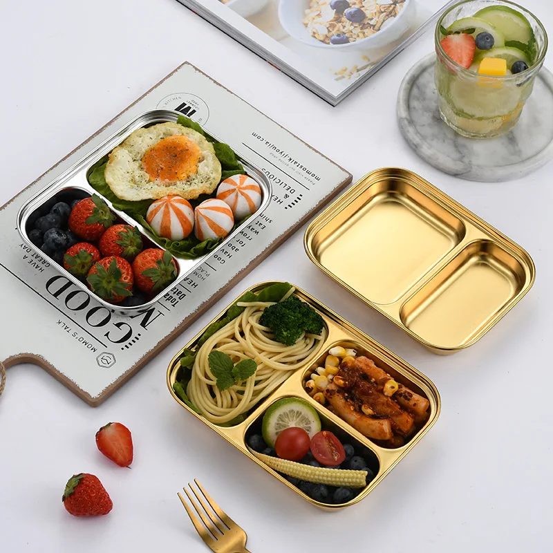 

Стол для хранения конфет, закусок, тарелки, тарелка из нержавеющей стали, 2-сеточный ланч-бокс, разделенные тарелки, детская кухонная разделительная посуда