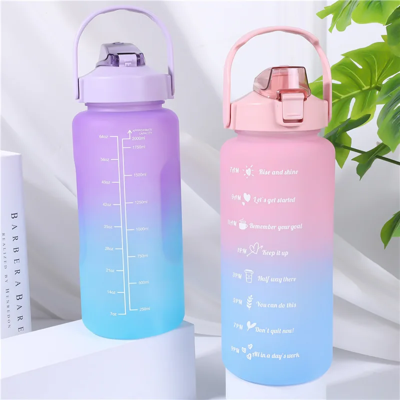LUSQI 1PC Large Capacity 2000ML Water Bottle Leak-Proof With Straw&Handle With Time Marker For Outdoor Sports Fitness