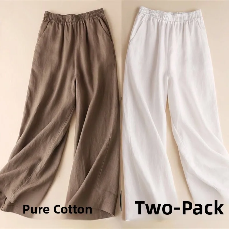 Cotton Linen Wide Leg Pants Women Summer New Loose Straight Nine Points Thin Casual Big Foot Pants High Waist Pocket Detail