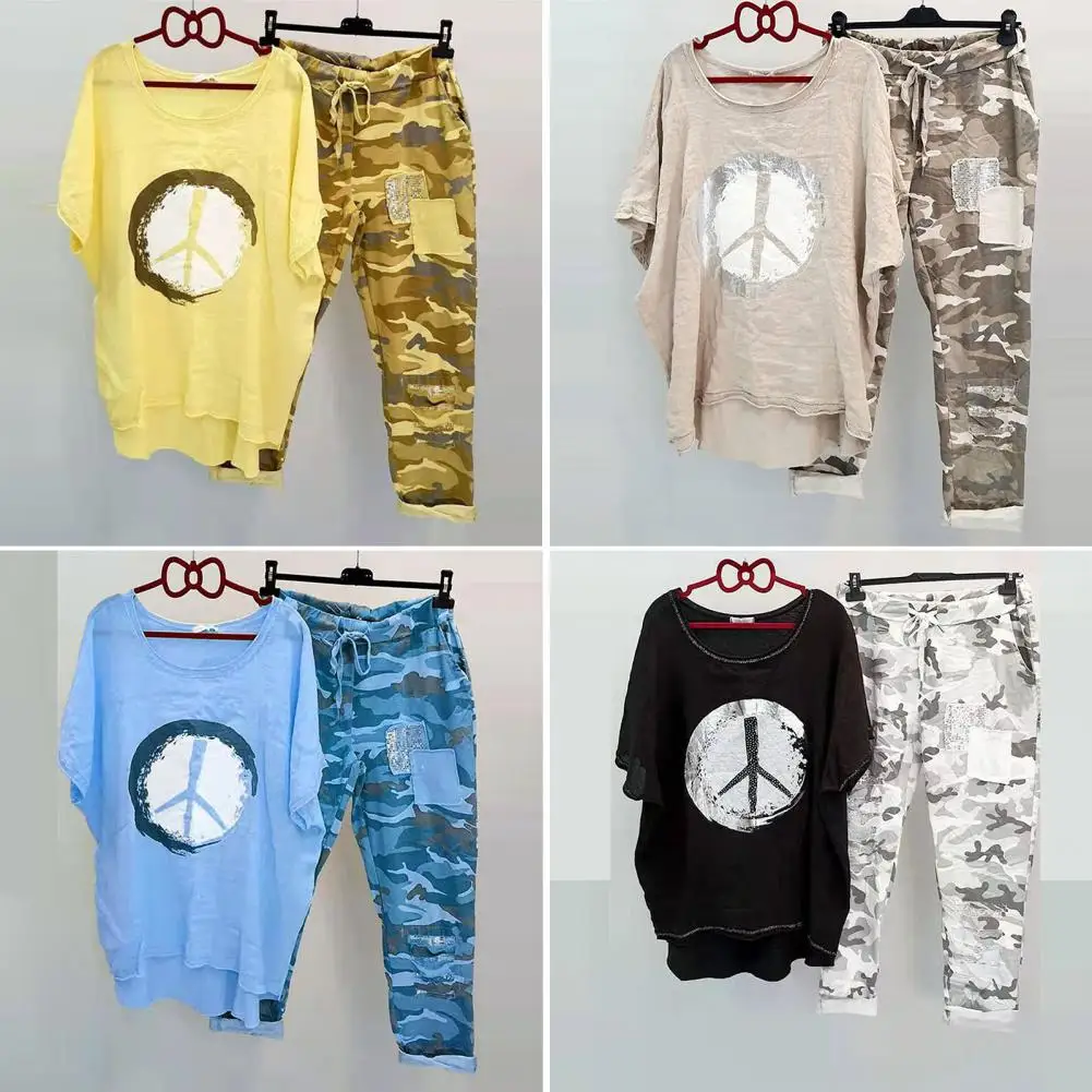 1 Set Popular T-shirt Trouser Set Camo Print Drawstring Summer Relaxed Fit Asymmetrical Outfit