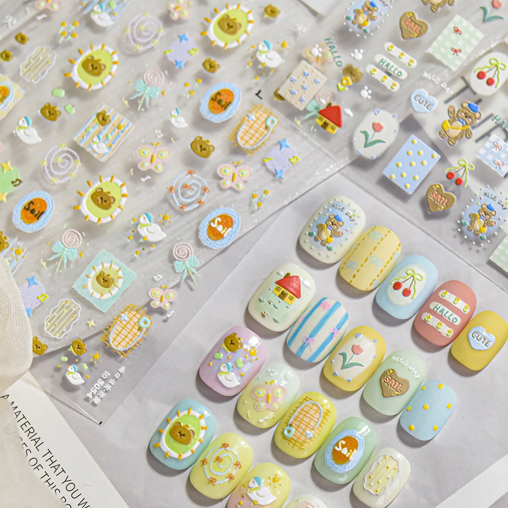 Entzückende Nagelaufkleber mit Frühlingsausflug, Bär, Ente, Biene, Schmetterling, Schnecke, Lutscher, Schleife, Blumen, Design, 5D, niedlicher täglicher Nagelkunst-Aufkleber