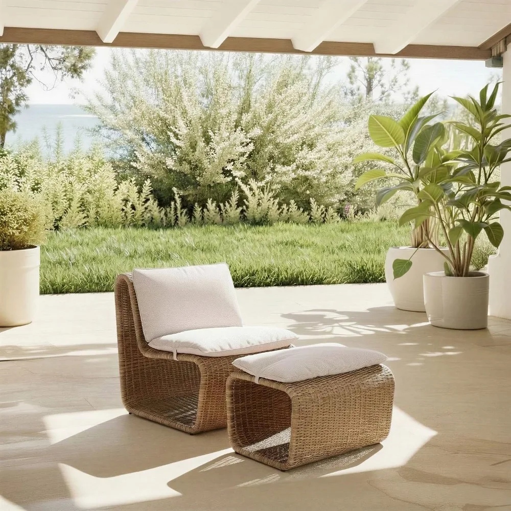 Outdoor Patio Furniture Set: Rattan Lounge Chair and Ottoman with Cushions, Fully Assembled