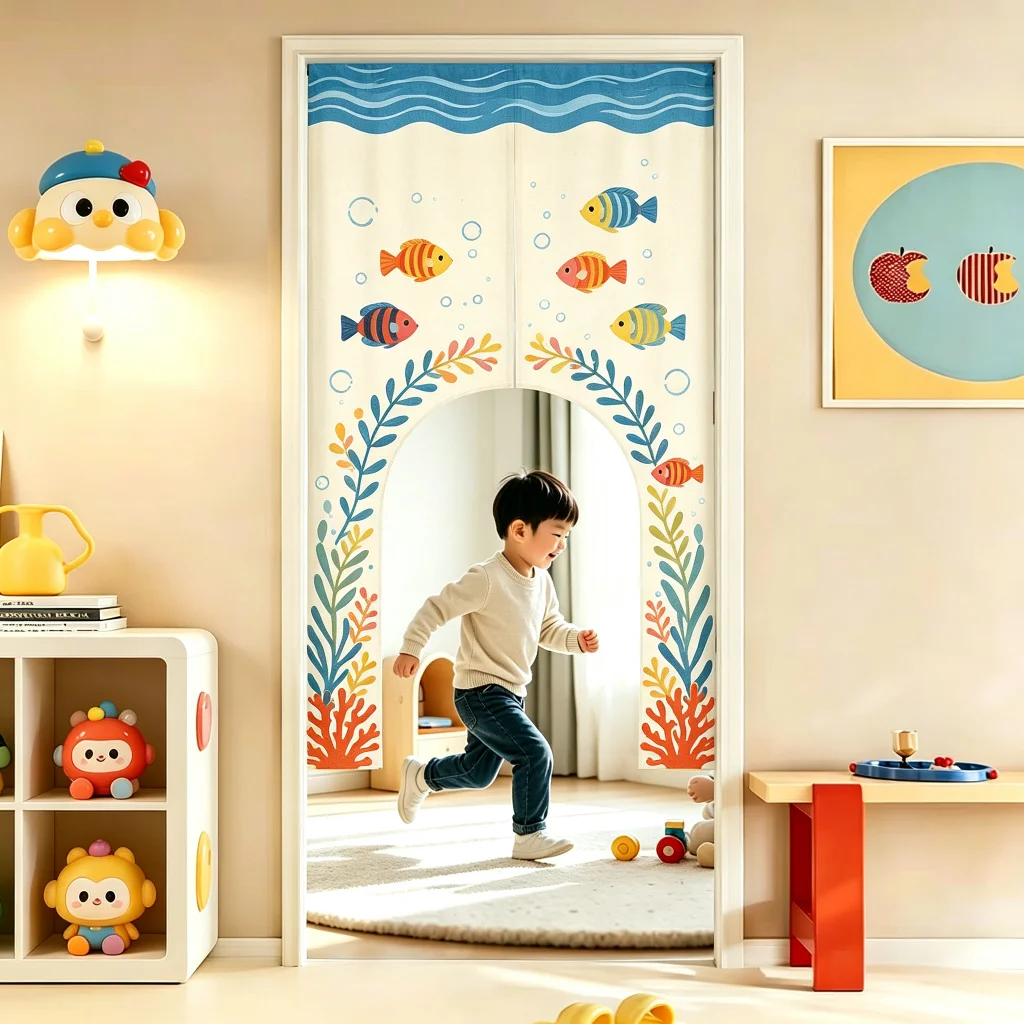 VIKAMA Train Station Arched Half Door Curtain Kids Room Bedroom Nursery Cotton Linen Short Curtain Privacy Partition Home Decor